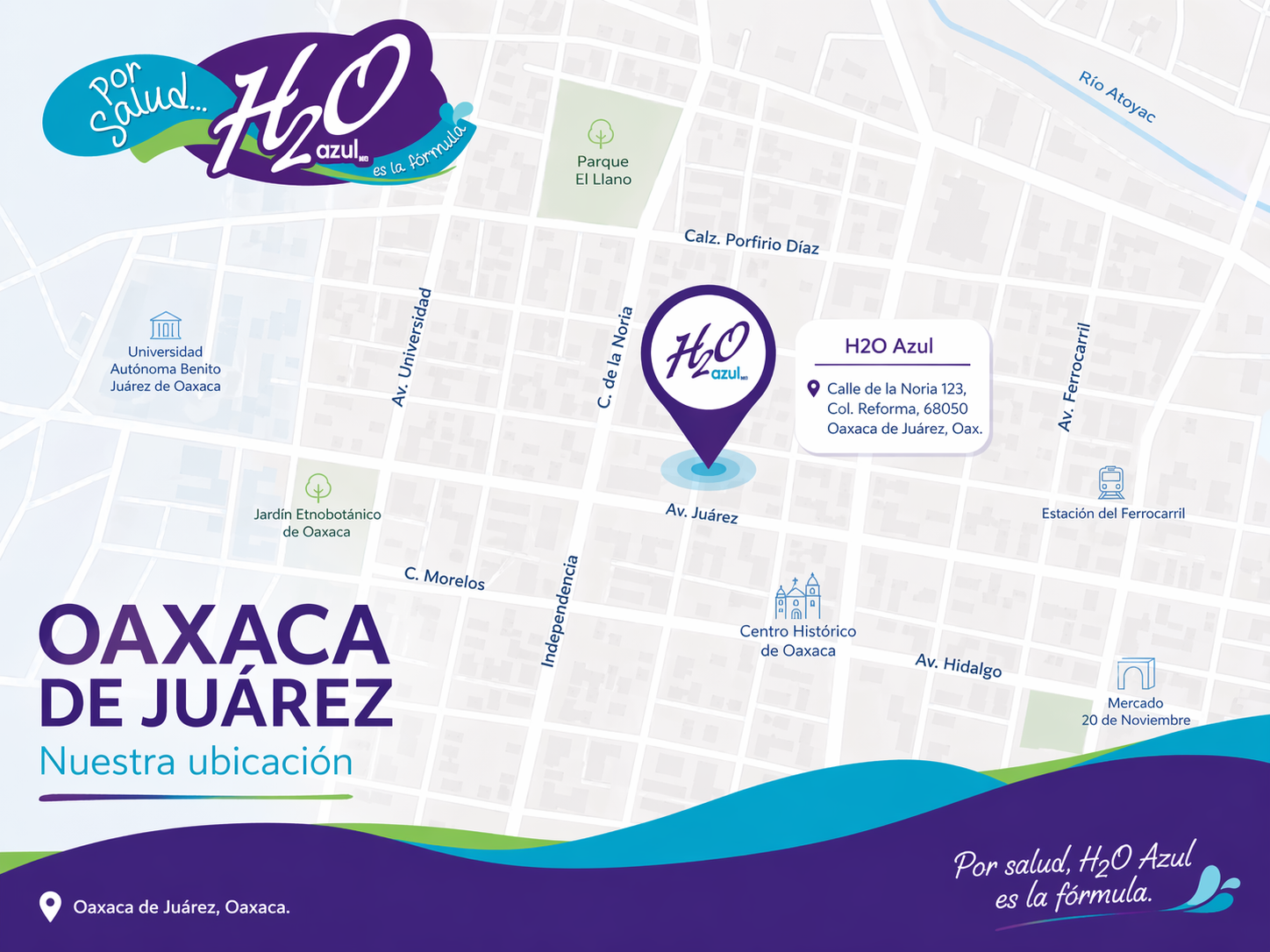 Mapa ilustrado de la ubicación de H2O Azul en Oaxaca de Juárez